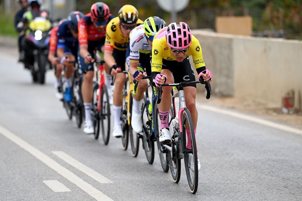 TAVIRA PORTUGAL FEBRUARY 17 Magnus Cort Nielsen of Denmark and Team EF Education Easypost Yellow Leader Jersey competes in the breakaway during the 49th Volta ao Algarve em Bicicleta 2023 Stage 3 a 2031km stage from Faro to Tavira VAlgarve2023 on February 17 2023 in Taviria Portugal Photo by Tim de WaeleGetty Images