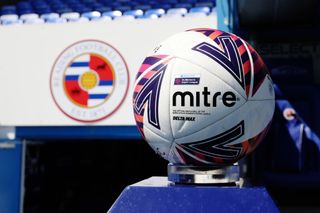 A detailed view of the Mitre Delta Max match ball on the match ball plinth prior to the Barclays FA Women's Super League match between Reading Women and Manchester City Women at Select Car Leasing Stadium on May 08, 2022 in Reading, England.