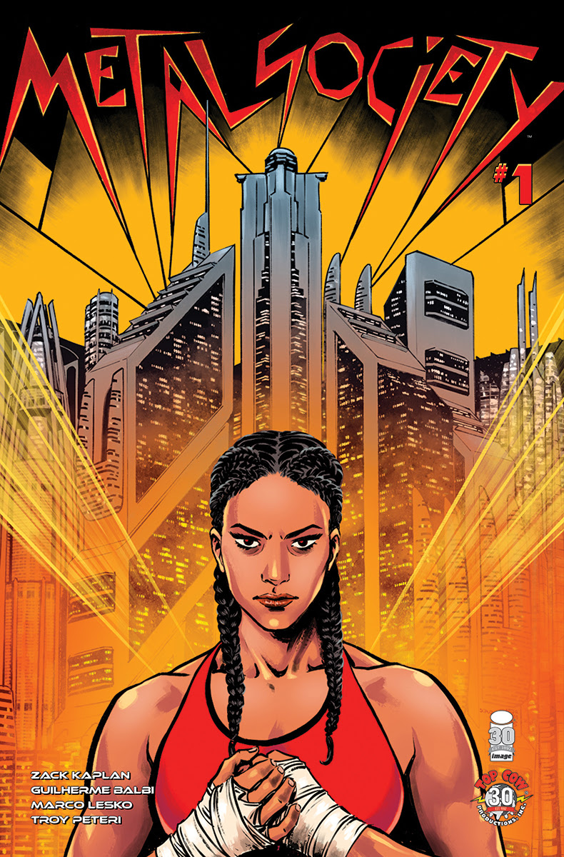 Metal Society variant cover with a human boxer and background like the film Metropolis.
