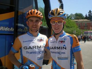 Australia's Jack Bobridge, left, and Cameron Meyer of Garmin - Transitions before the start of stage 10.
