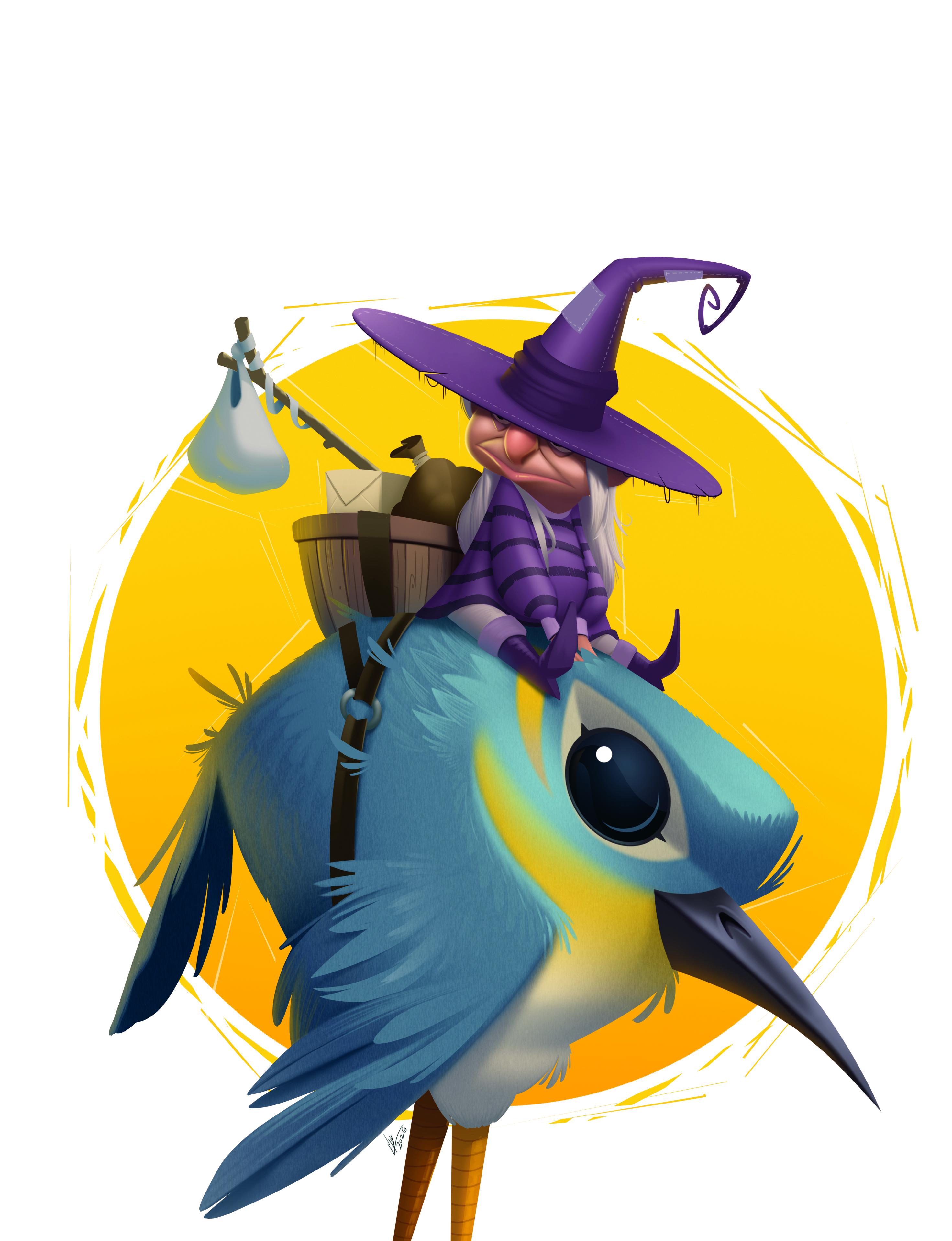 Digital character art showing a witch riding a bird
