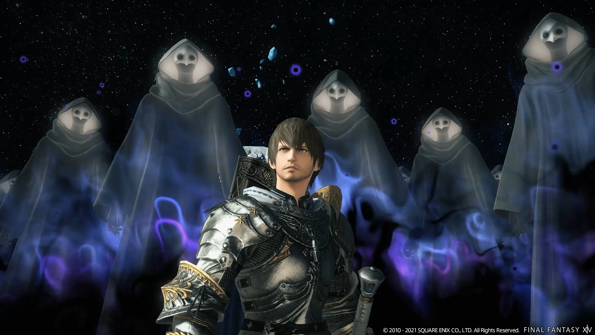 best MMO games: a man in armor surrounded by ghostly apparitions wearing clocks and masks