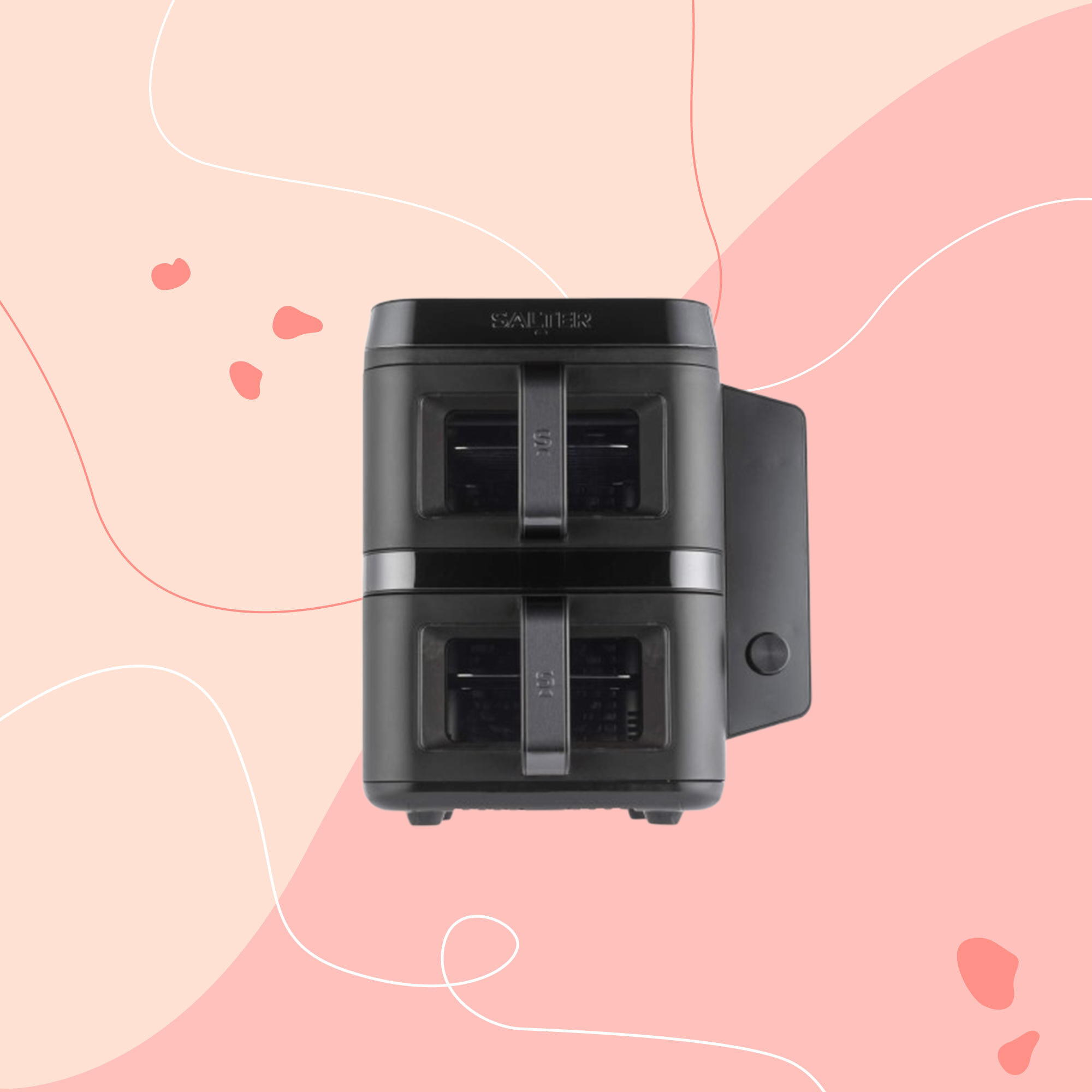 Salter two-tier air fryer on a pink background 