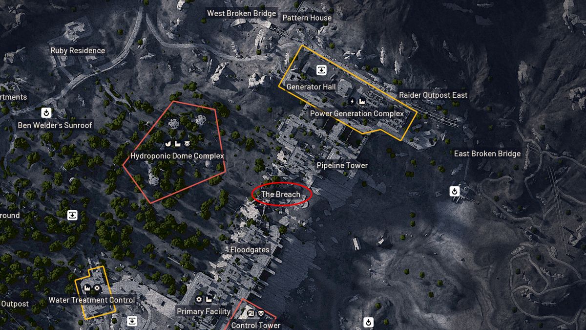 Arc Raiders Matriarch: A map of Dam Battlegrounds with a red oval highlighting The Breach area.