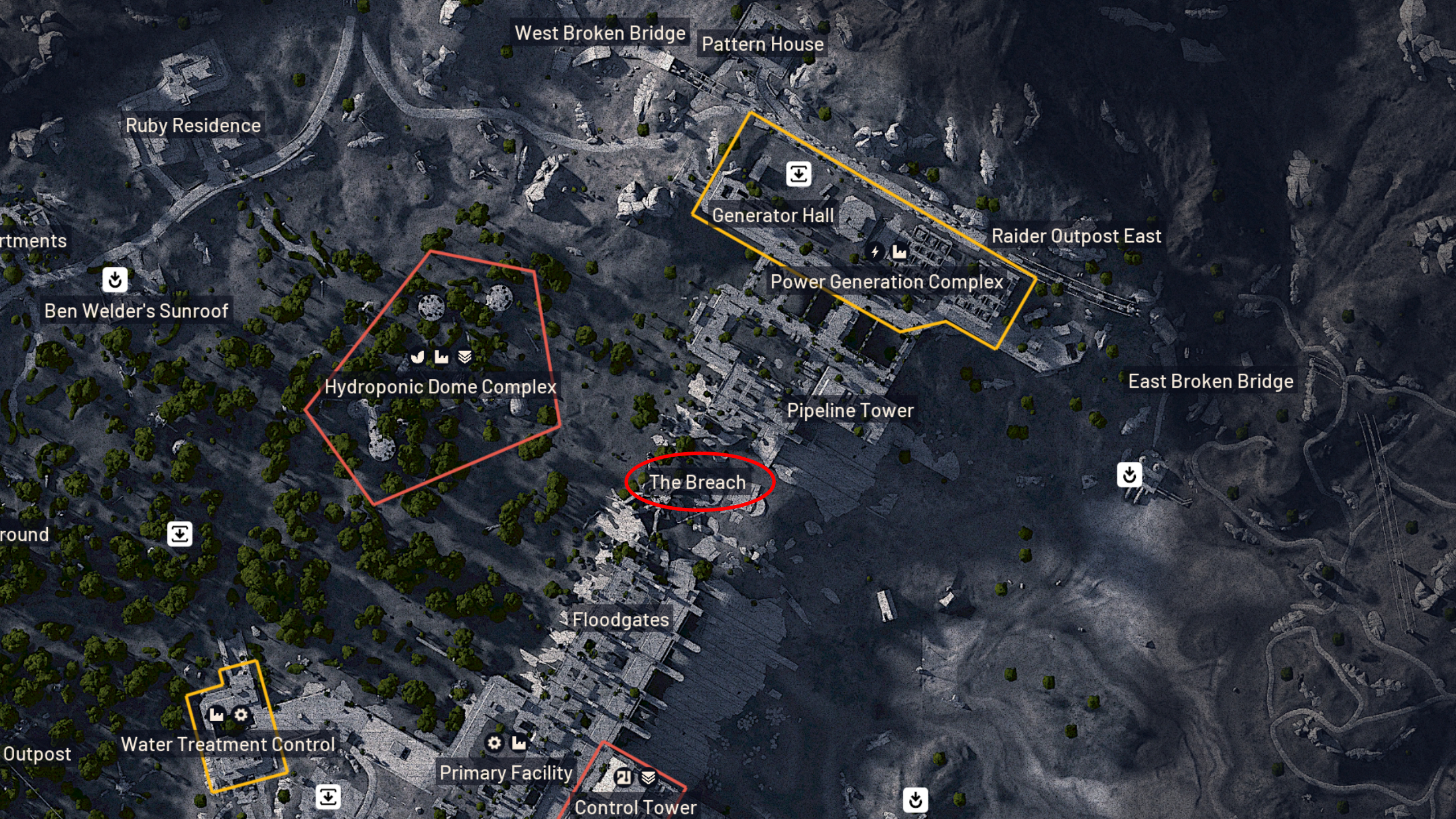 Arc Raiders Matriarch: A map of Dam Battlegrounds with a red oval highlighting The Breach area.