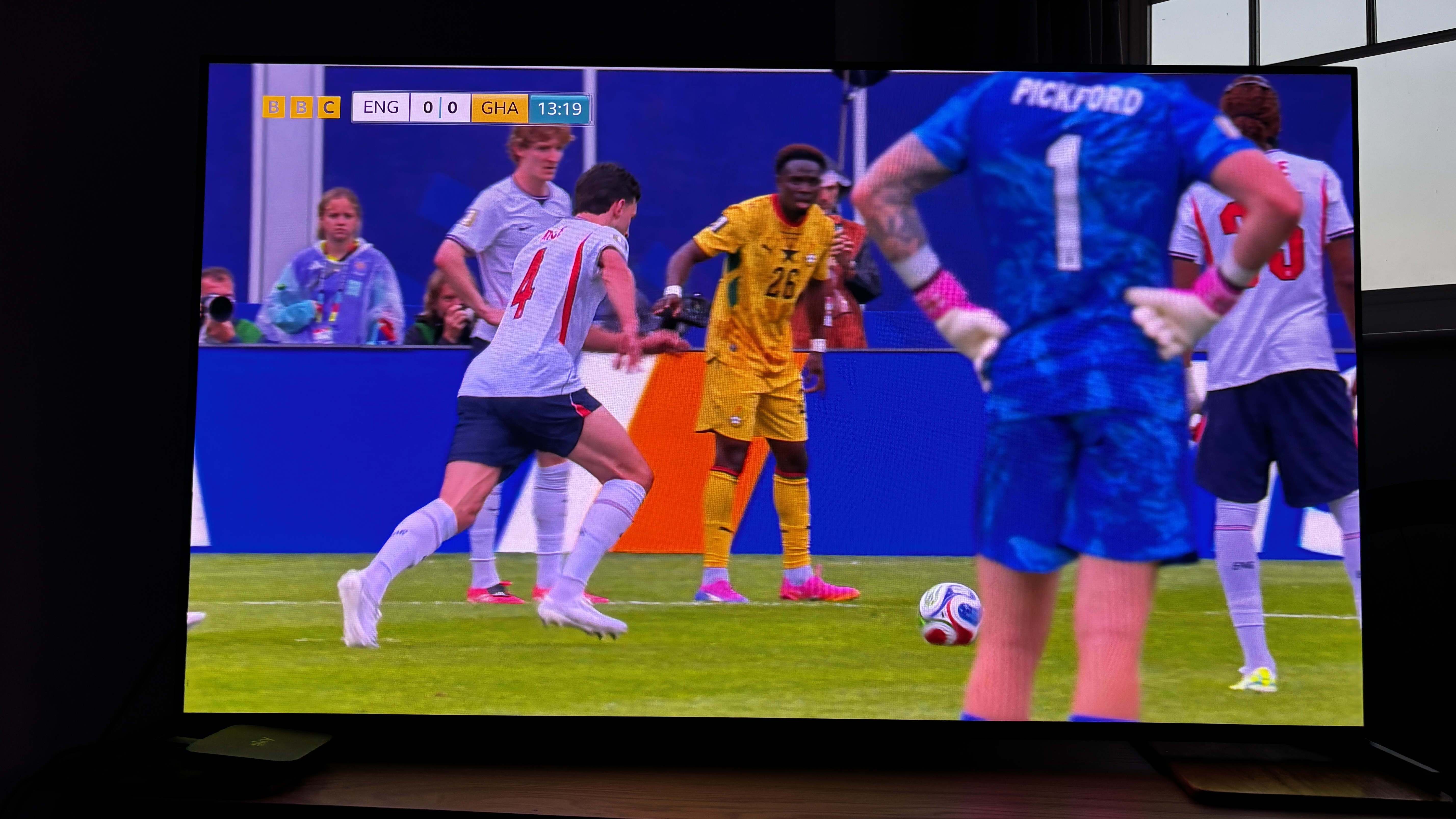 Sony TV showing England player taking a free kick at the football World Cup 2026