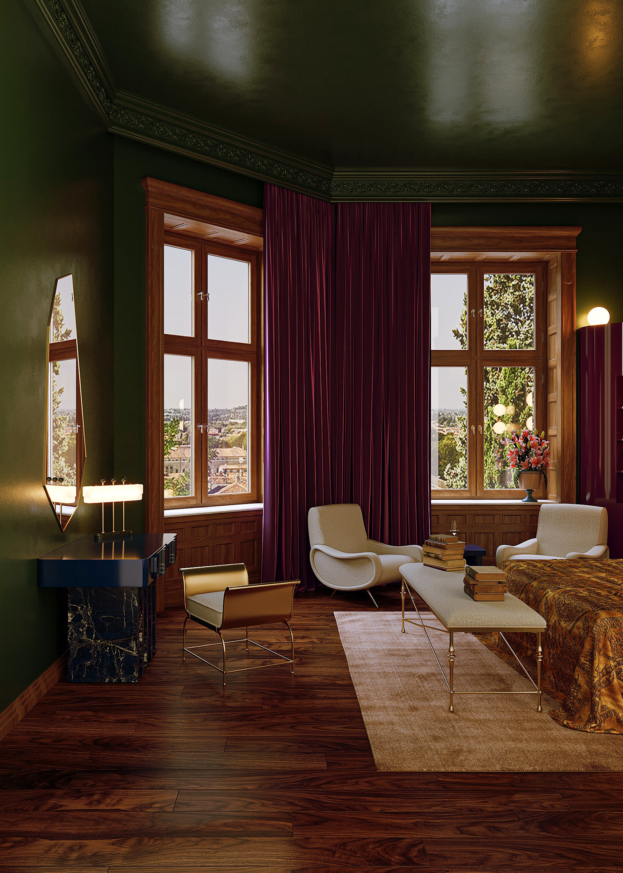 An olive green bedroom with purple curtains, a wall mirror, a table lamp, a pair of white sofa chairs, a bench with books, and a vase of flowers