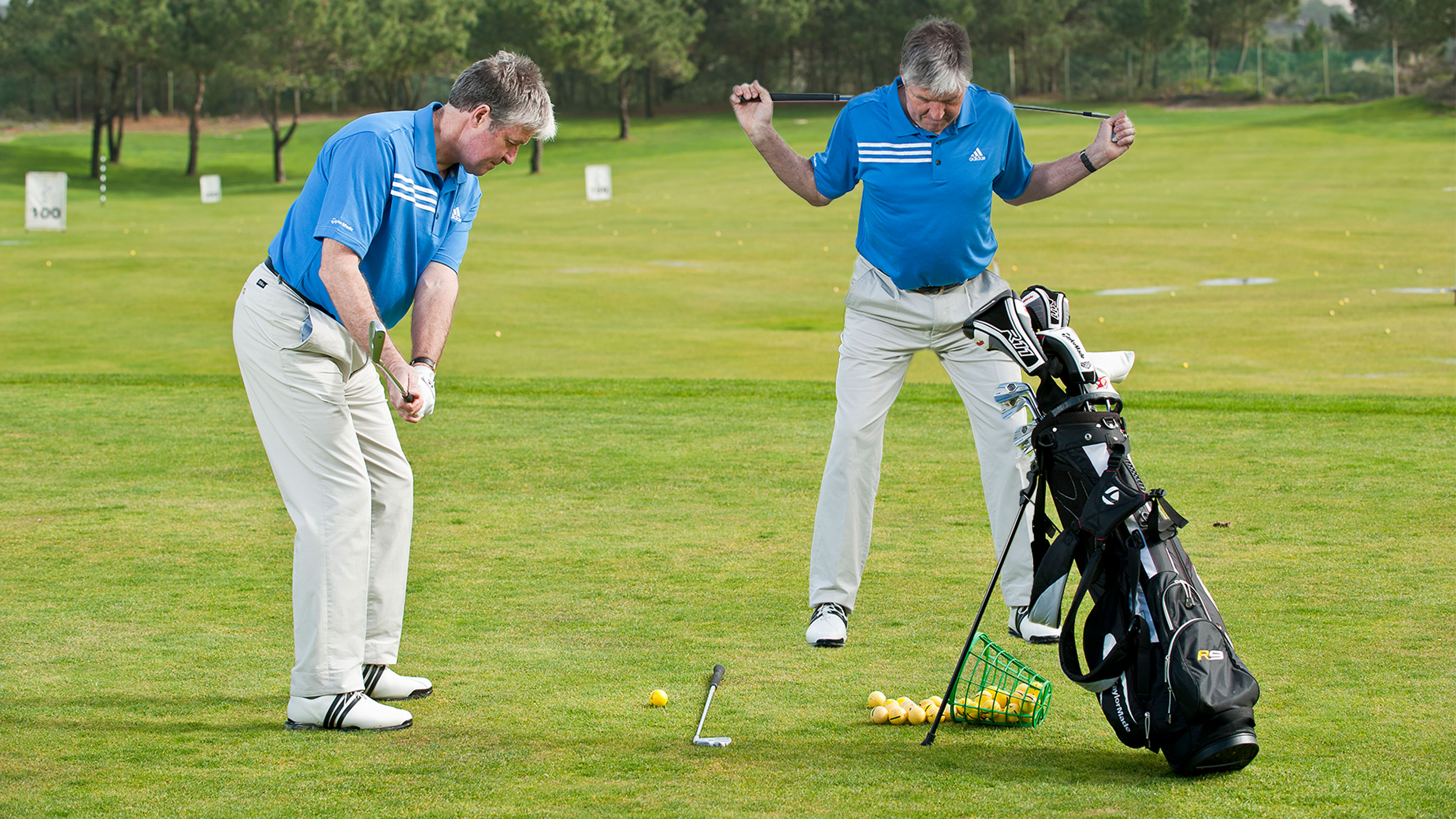 Andrew Reynolds completing golf warm-up exercises on the driving range, hitting shots with a focus on alignment and a shorter swing, with another image of Andrew Reynolds stretching using a golf club to loosen his muscles before the round of golf