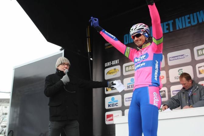 Filippo Pozzato (Lampre-Merida) salutes the Flemish public.