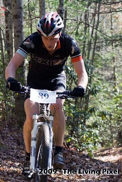 Sam Koerber (Team Gary Fisher 29er) on the first climb on Long Branch Trail. Koerber won the race with a time of 3:33:28.