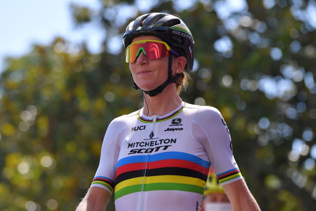 SIENA ITALY AUGUST 01 Start Annemiek Van Vleuten of The Netherlands and Team Mitchelton Scott Team Presentation during the Eroica 6th Strade Bianche 2020 Women Elite a 136km race from Siena to Siena Piazza del Campo StradeBianche on August 01 2020 in Siena Italy Photo by Luc ClaessenGetty Images