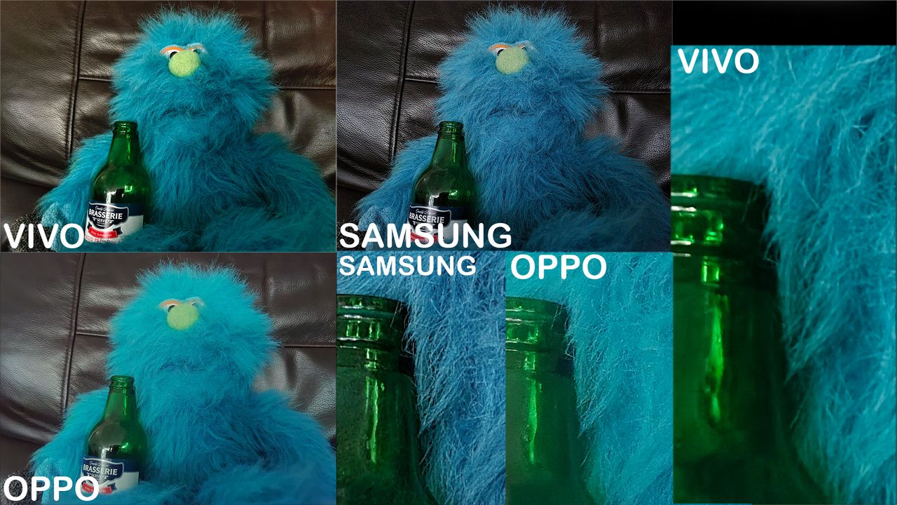 A comparison of a very dark scene using the Vivo, the Oppo Find X2 Pro and Galaxy Note 20. The Vivo performs brilliantly, aside from a slight, fixable color cast.