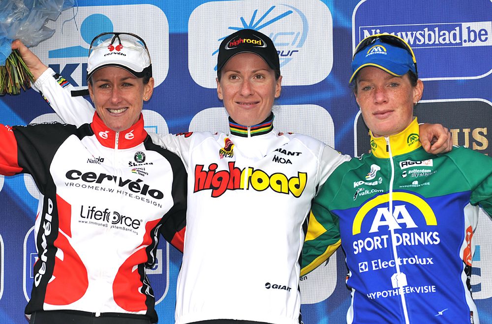 2008 Tour of Flanders Women final podium: Women Podium / Kristin Armstrong (USA) / winner Judith Arndt (Ger) / Kirsten Wild (Ned)