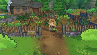 Echoes of the Plum Grove - a flat Paper Mario-style character stands in a small crop garden outside a wood house