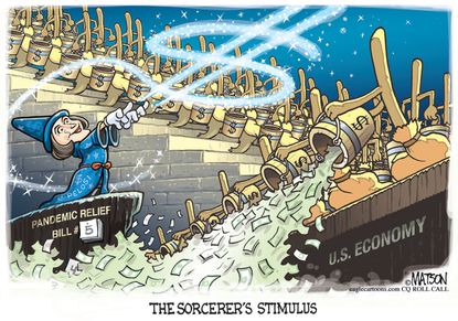 Political Cartoon U.S. Pelosi coronavirus stimulus sorcerer fantasia