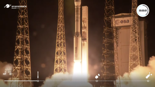 An Arianespace Vega rocket lifts off from the Guiana Space Center in French Guiana, carrying the Pléiades Neo 3 satellite and five other small satellites to orbit, on April 28, 2021.