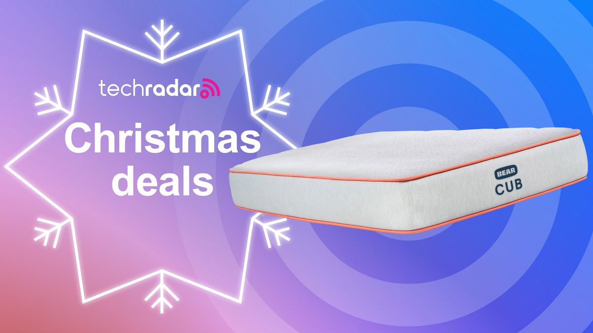 Bear Cub Kids Mattress against a blue and pink background with a badge saying &quot;Christmas deals&quot;