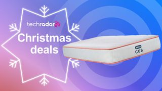 Bear Cub Kids Mattress against a blue and pink background with a badge saying "Christmas deals"