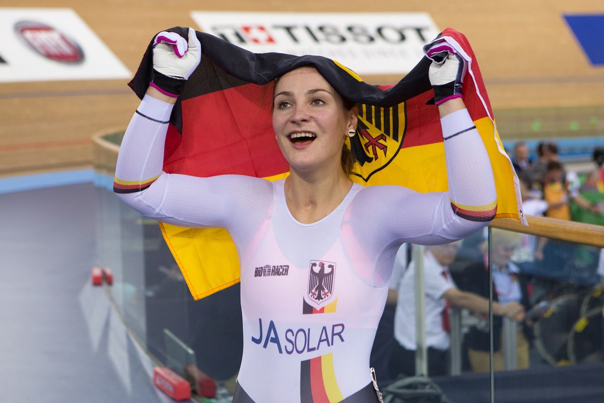 Kristina Vogel celebrates her keirin gold