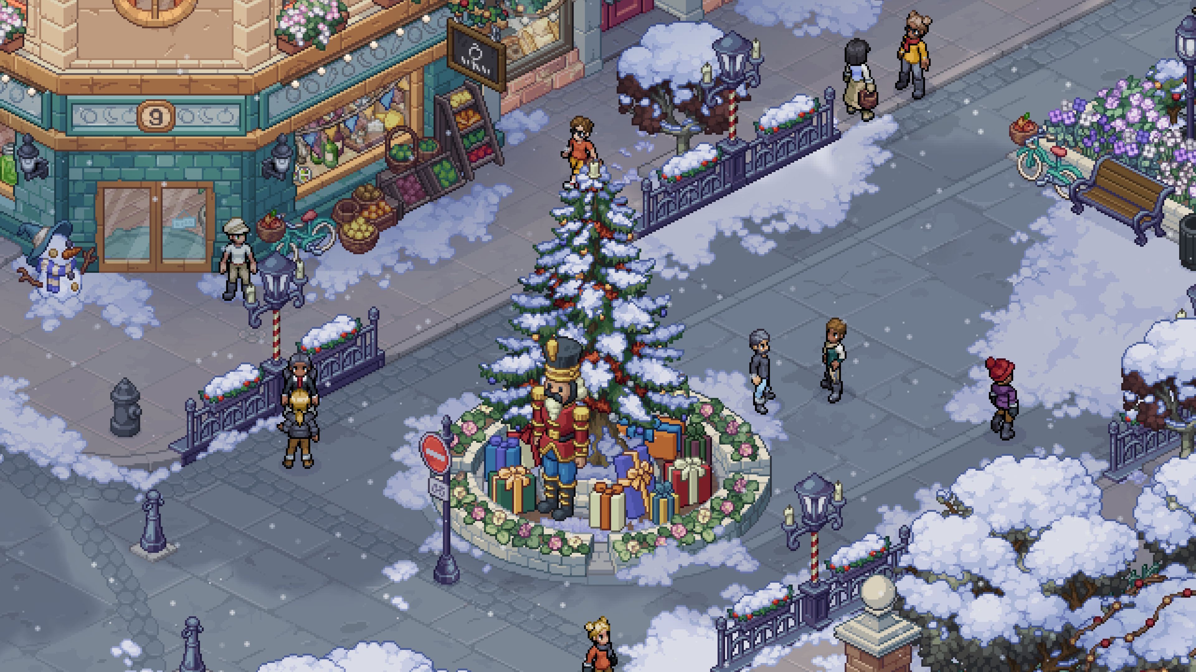 Witchbrook - snow town square with christmas tree