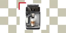 Image of the Philips 5500 Series coffee machine on a sage green and white checkerboard background.