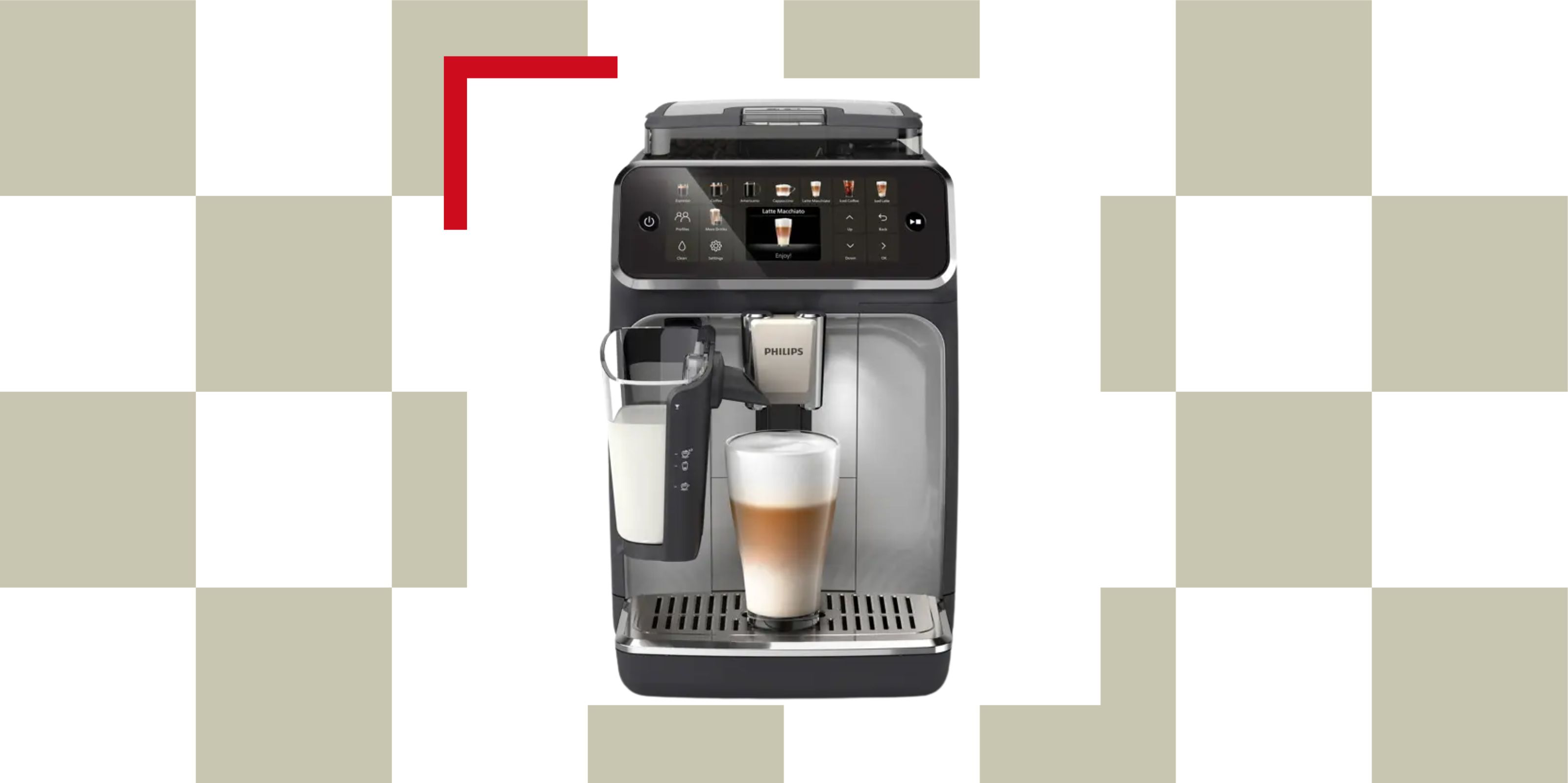 Image of the Philips 5500 Series coffee machine on a sage green and white checkerboard background.