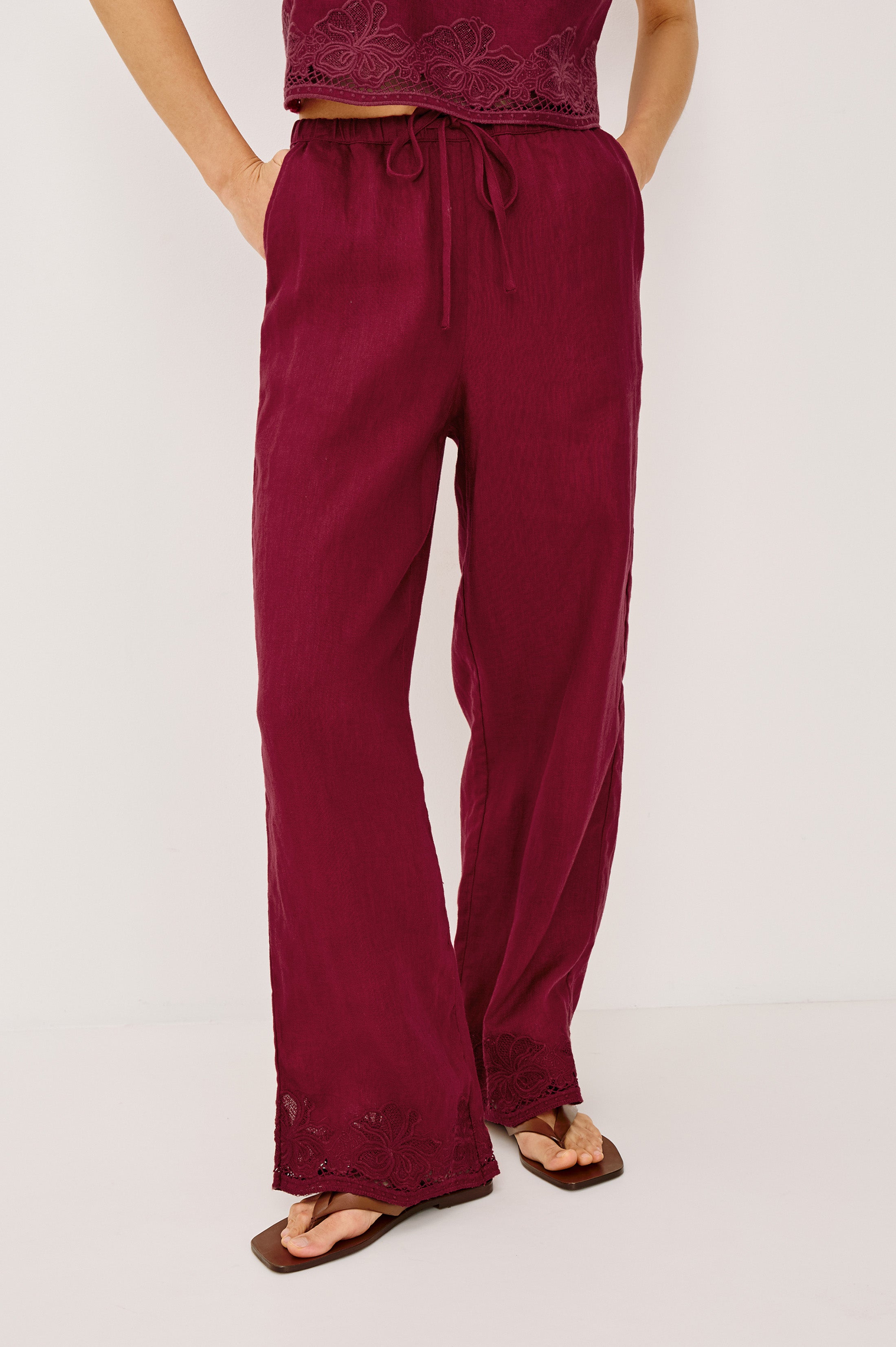 Emmi Pants - Berry Hibiscus Embroidered
