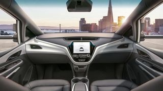 Interior of a self-driving car with no steering wheel