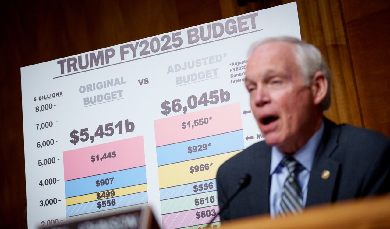 WASHINGTON, DC - JANUARY 15: A chart that reads &quot;Trump FY2025 Budget&quot; is visible behind Sen. Ron Johnson (R-WI) as he speaks during a Senate Homeland Security and Governmental Affairs confirmation hearing for U.S. President-elect Donald Trump&#039;s nominee for Office of Management and Budget Director Russell Vought on Capitol Hill on January 15, 2025 in Washington, DC. If confirmed as director, Vought is poised to play a pivotal role in implementing a plan to reduce both the size of the federal government and federal spending