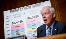 WASHINGTON, DC - JANUARY 15: A chart that reads "Trump FY2025 Budget" is visible behind Sen. Ron Johnson (R-WI) as he speaks during a Senate Homeland Security and Governmental Affairs confirmation hearing for U.S. President-elect Donald Trump's nominee for Office of Management and Budget Director Russell Vought on Capitol Hill on January 15, 2025 in Washington, DC. If confirmed as director, Vought is poised to play a pivotal role in implementing a plan to reduce both the size of the federal government and federal spending