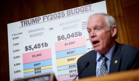 WASHINGTON, DC - JANUARY 15: A chart that reads "Trump FY2025 Budget" is visible behind Sen. Ron Johnson (R-WI) as he speaks during a Senate Homeland Security and Governmental Affairs confirmation hearing for U.S. President-elect Donald Trump's nominee for Office of Management and Budget Director Russell Vought on Capitol Hill on January 15, 2025 in Washington, DC. If confirmed as director, Vought is poised to play a pivotal role in implementing a plan to reduce both the size of the federal government and federal spending