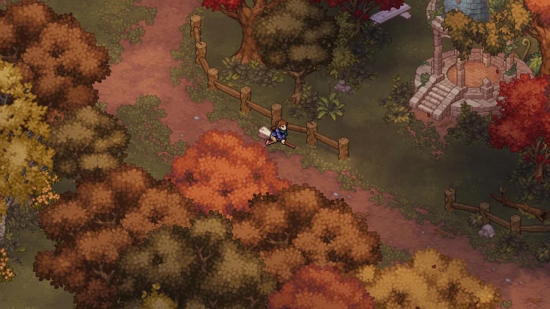 Riding a broom in autumn in Witchbrook