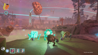 A band of mutant aliens surrounded by alien plants, floating rocks, with a glowing tower in the distance