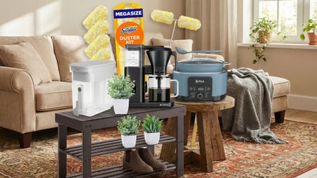 Collage of home and appliance deals shown in living room