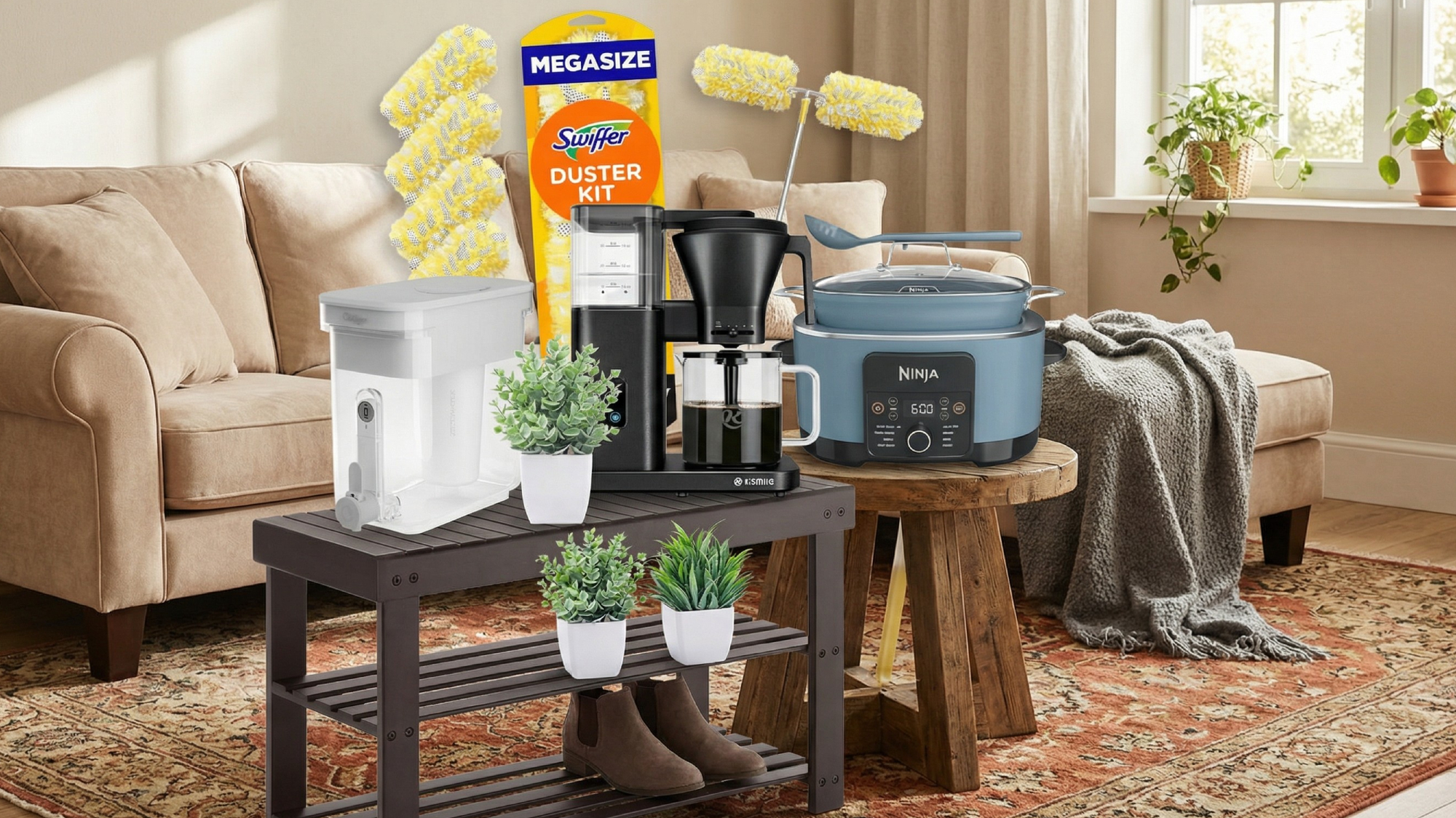 Collage of home and appliance deals shown in living room