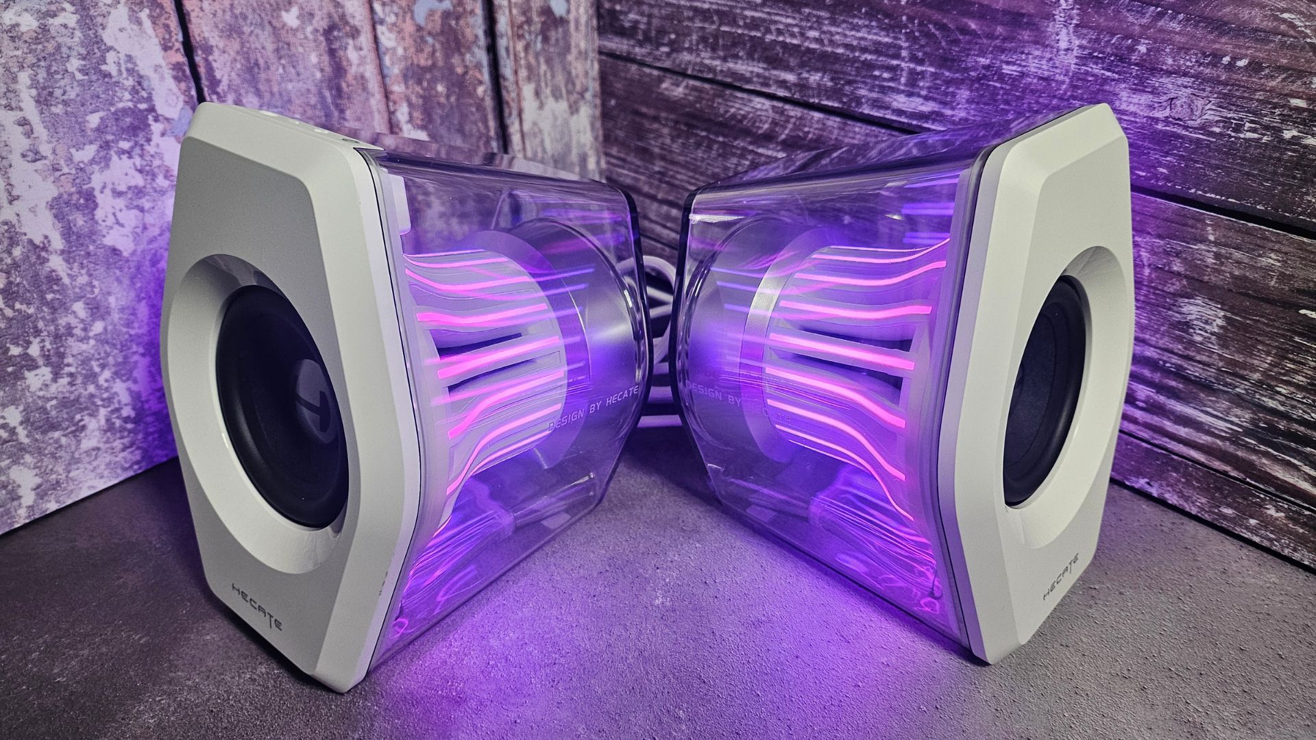 The Edifier G2000 Pro speakers with purple lighting