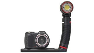 SeaLife Micro 3.0 Pro 3000 waterproof camera with optional hammerhead flashgun on a white background