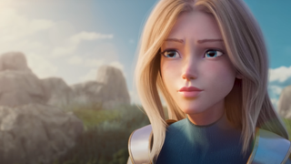 Lux, a peppy mage from League of Legends with long blonde hair, stares at her opponents with a puzzled expression.
