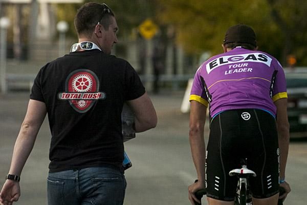 Good job mate: Stage winner and new tour leader James Williamson with his team manager after the completion to the stage in Moama.