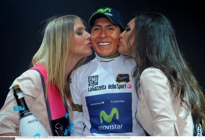 A smiling Nairo Quintana (Movistar) in the maglia bianco