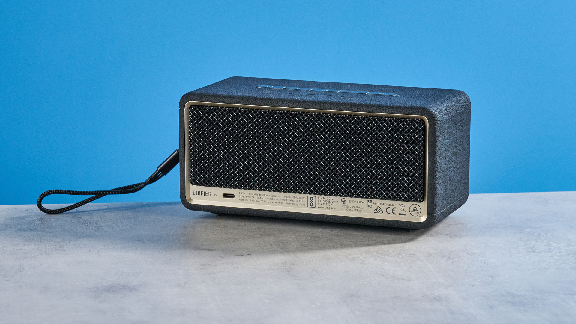 A black Edifier ES60 Bluetooth speaker