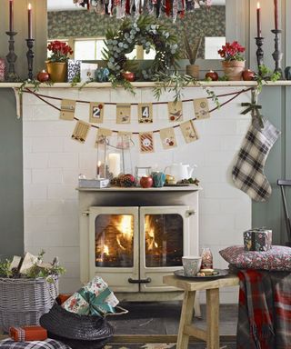 Home made Christmas decorations, with a fireplace and Christmas garland