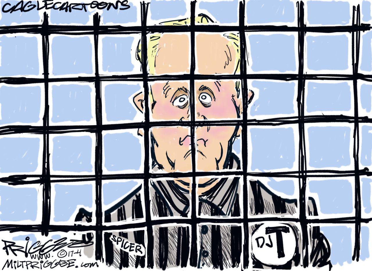 Political Cartoon U.S. Sean Spicer President Trump prisoner