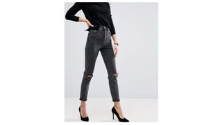 Asos Farleigh High Waisted Jeans in Washed Black with Busted Knees