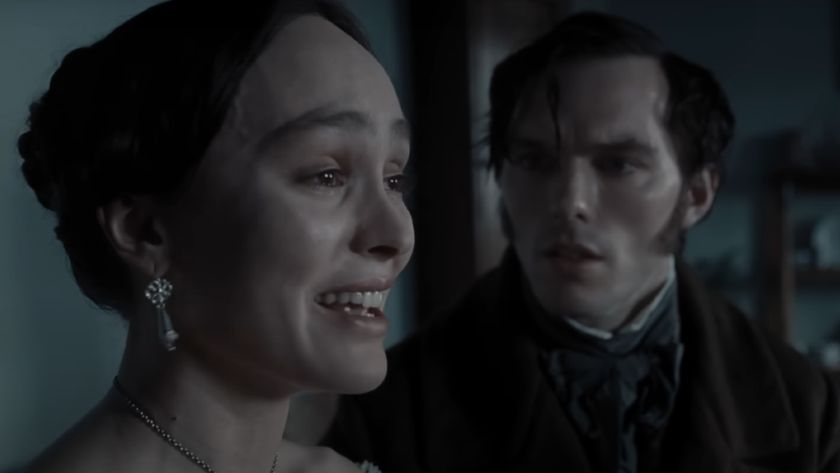 Lily-Rose Depp looking hysterical as her husband, played by Nicholas Hoult, looks on in disbelief in Nosferatu.