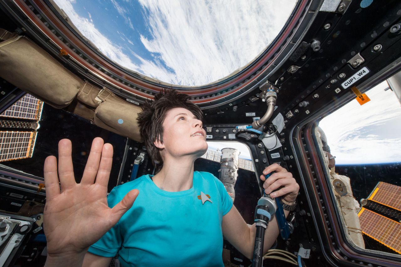 European Space Agency astronaut Samantha Cristoforetti gave the Vulcan salute aboard the International Space Station shortly after the passing of Leonard Nimoy on Feb. 28, 2015. She commented on Tweeter: &ldquo; &lsquo;Of all the souls I have encountered.. his was the most human.&rsquo; Thx @TheRealNimoy for bringing Spock to life for us&rdquo;