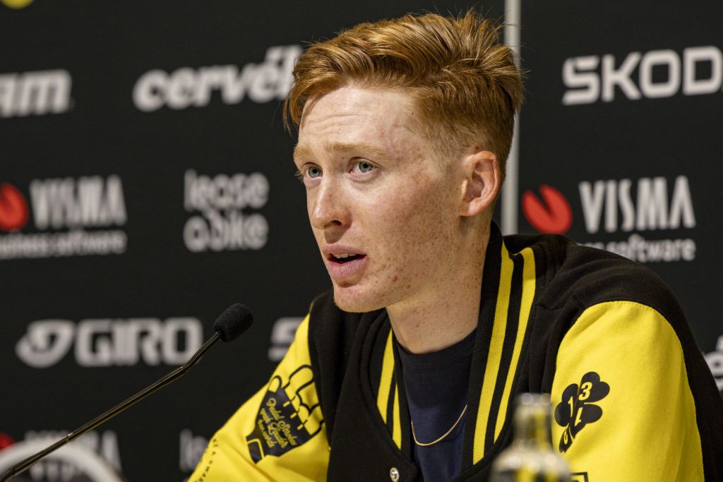 Matteo Jorgenson answers questions at the Visma-Lease a Bike pre-Tour of Flanders press conference