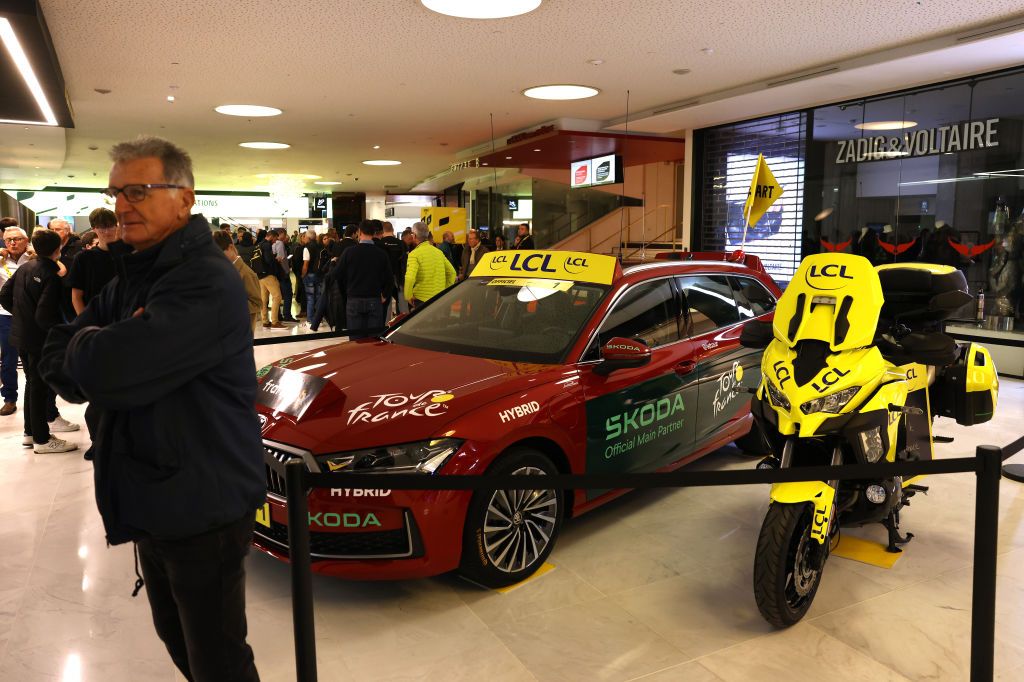 PARIS FRANCE OCTOBER 29 Detail view of a race director Car and a time adosier motorbike during the 112th Tour de France 2025 4th Tour de France Femmes 2025 Route Presentation UCIWT UCIWWT on October 29 2024 in Paris France Photo by Rhode Van ElsenGetty Images