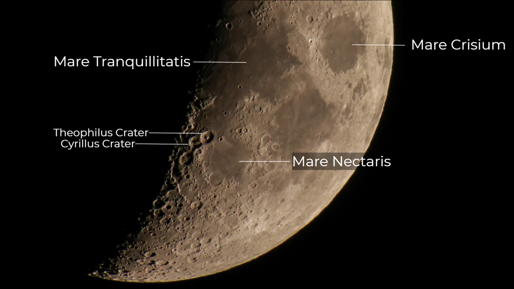 an annotated image of the moon close to its first quarter phase showing the positions of prominent lunar mare and craters