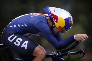 Chloe Dygert in action for the USA at the 2020 World Championships time trial in Imola, Italy, before her race-ending crash